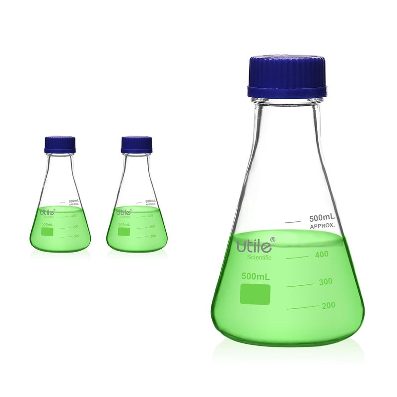 UTILE 2 Pcs 500ml Glass Erlenmeyer Flask with Blue Cap, Narrow Mouth Erlenmeyer Flasks, Borosilicate 3.3 Glass Conical Flask for Lab Experiment Chemistry Science,4016.0771.2 - Image 1